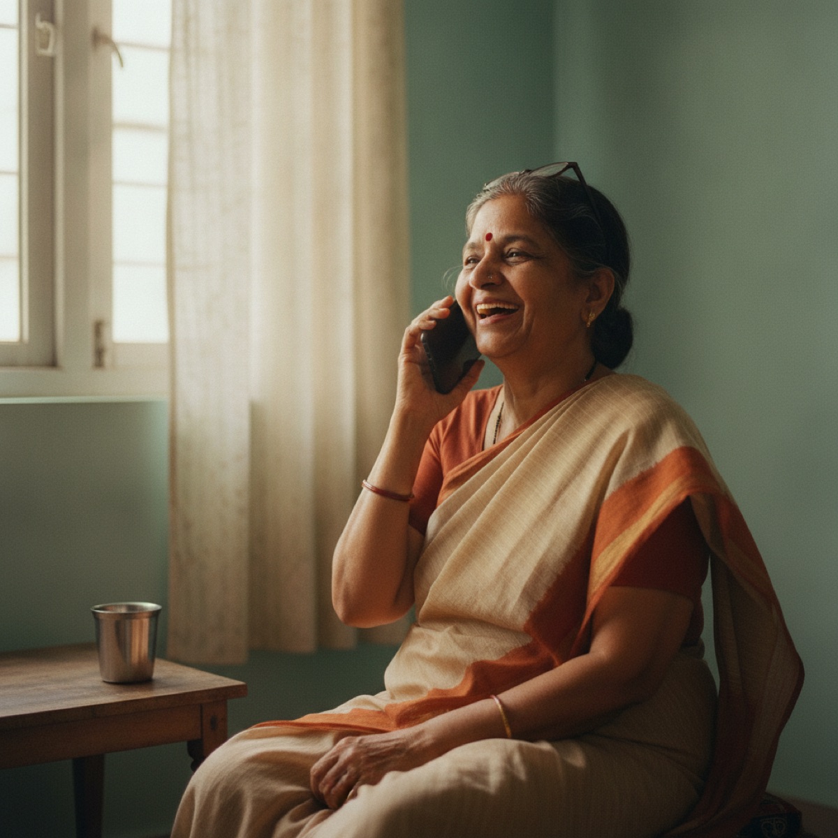 A mother laughing on her daily phone call